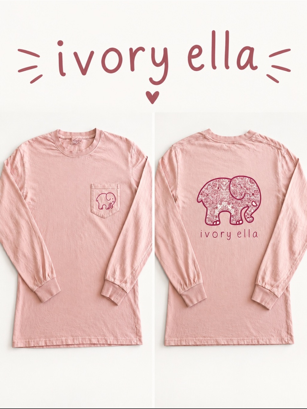 Ivory Ella 100% Cotton Pink Elephant Graphic Long Sleeve Pocket Tee Size S
